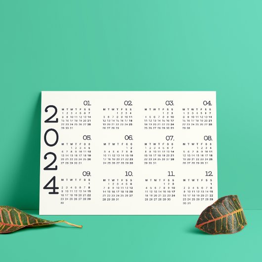 2024 volledige jaarkalender zwart-wit minimalistis programmakaart