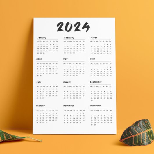 2024 volledige jaarkalender zwart-wit minimalistis programmakaart