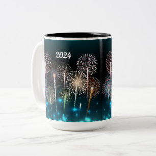 2024 Vuurwerk Gelukkig Nieuwjaar Tweekleurige Koffiemok