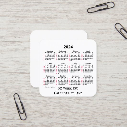 2024 White 52 Week ISO Calendar door Janz Vierkante Visitekaartje (Voorkant / Achterkant in situ)