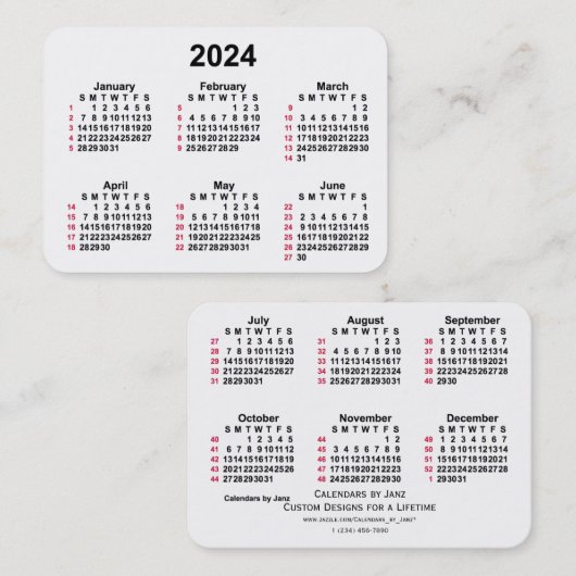 2024 White 52 Week ISO Calendar door Janz Visitekaartje (Voorkant / Achterkant)