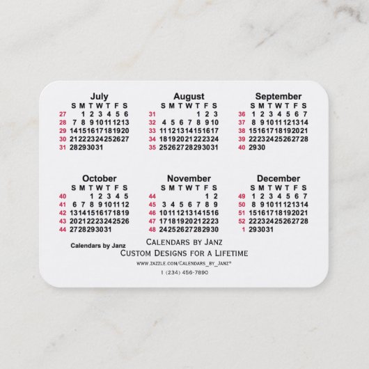 2024 White 52 Week ISO Calendar door Janz Visitekaartje (Achterkant)