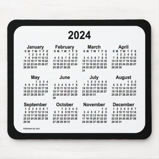 2024 White on Black Calendar van Janz Two Tone Muismat (Voorkant)