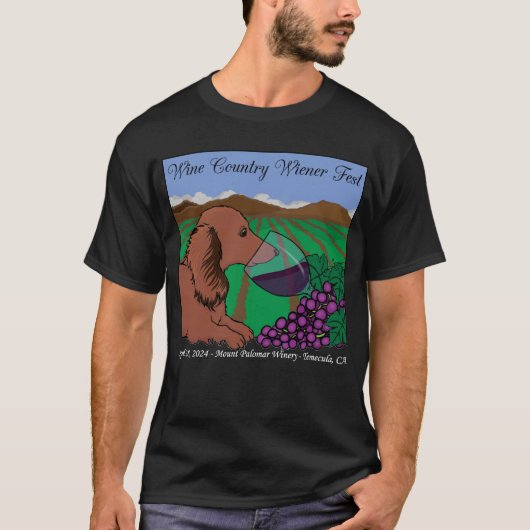2024 Wine Country Wiener Fest T-shirt op zwart (Voorkant)