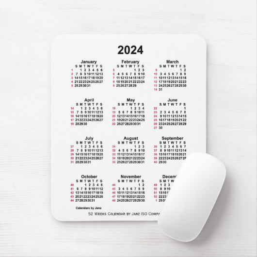 2024 Witte 52 weken ISO-kalender door Janz-Muismat Muismat (Met muis)