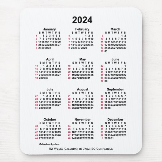 2024 Witte 52 weken ISO-kalender door Janz-Muismat Muismat (Voorkant)