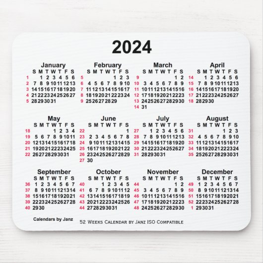 2024 Witte 52 weken ISO-kalender door Janz-Muismat Muismat (Voorkant)
