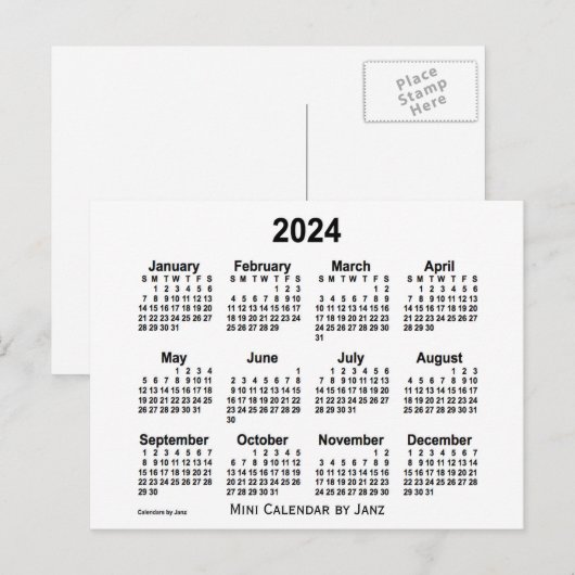 2024 Witte Mini Kalender van Janz Briefkaart (Voorkant / Achterkant)