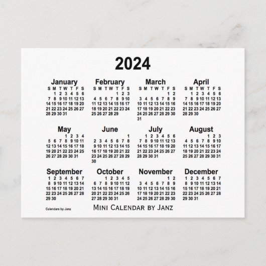 2024 Witte Mini Kalender van Janz Briefkaart (Voorkant)