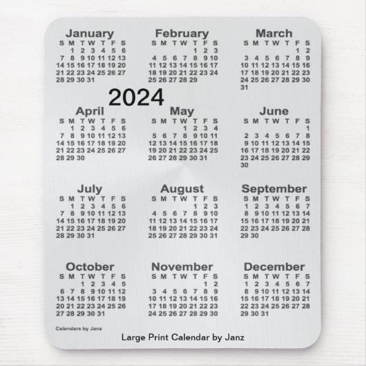 2024 Zilveren Kalender Groot Lettertype door Janz Muismat (Voorkant)