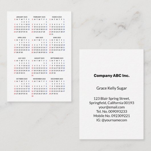 2024 Zondag Start Mini-kalender Alles Wit Visitekaartje (Voorkant / Achterkant)