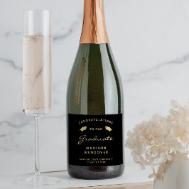 2024 Zwart Goud Script Pet Afstuderen Sparkling Wijnetiket