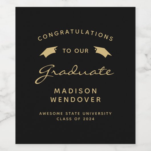 2024 Zwart Goud Script Pet Afstuderen Wijn Etiket (Enkel label)