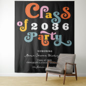 2024 Zwart Retro Custom Graduation Party Achtergro Wandkleed (In situ)