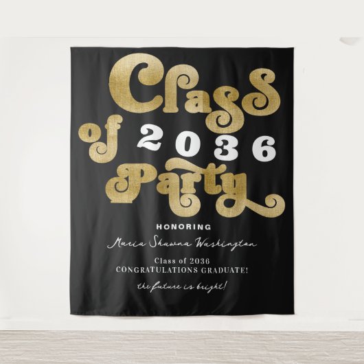 2024 Zwart Retro Custom Graduation Party Achtergro Wandkleed (Voorkant)