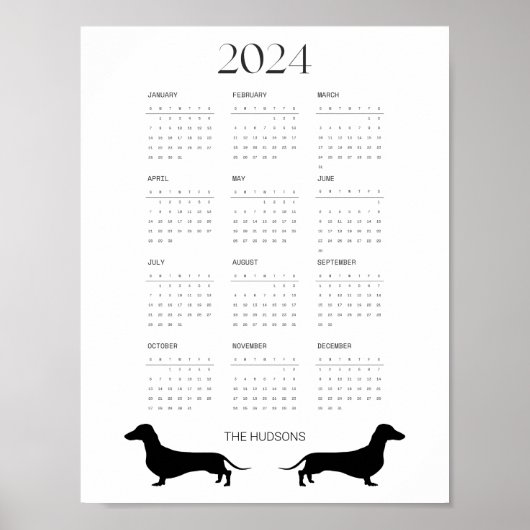 2024 Zwart-wit Dachshund Kalender Poster (Voorkant)