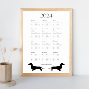 2024 Zwart-wit Dachshund Kalender Poster