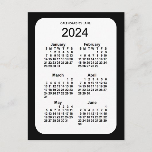 2024 Zwarte 6-maandenkalender van Janz Briefkaart (Voorkant)