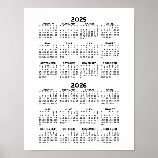 2025 2026 Kalender - Basic Minimaal Zwart en Wit Poster (Voorkant)