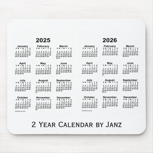2025-2026 Witte kalender 2 jaar door Janz Mousepad Muismat (Voorkant)