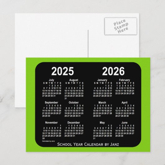 2025-2026 Yellowgreen Neon School Calendar van Jan Briefkaart (Voorkant / Achterkant)