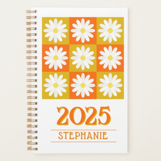 2025 Aangepaste Naam Retro Daisy Checkerboard Bloe Planner (Voorkant)