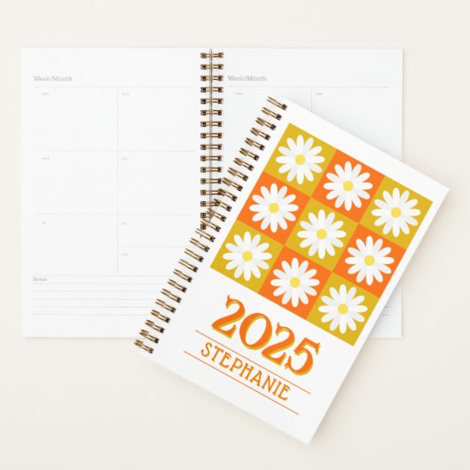 2025 Aangepaste Naam Retro Daisy Checkerboard Bloe Planner (Display)