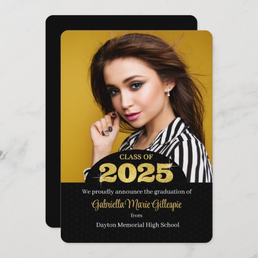 2025 Afstudeerder Faux Gold Bling Zwart Foto Afstu Kaart (Voorkant / Achterkant)