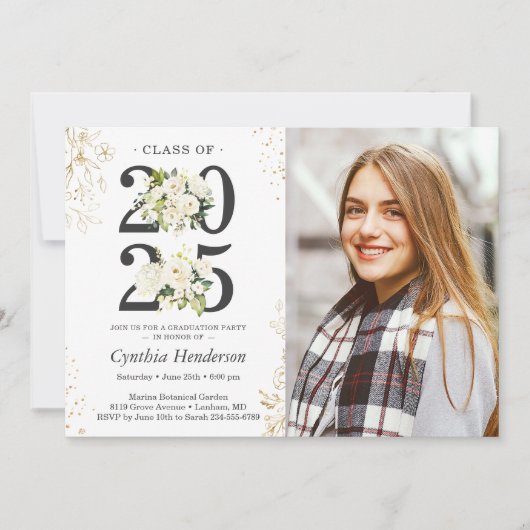 2025 Afstudeerder Foto Groen Wit Bloemen Afstudere Kaart (Voorkant)