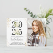 2025 Afstudeerder Foto Groen Wit Bloemen Afstudere Kaart (Staand voorkant)