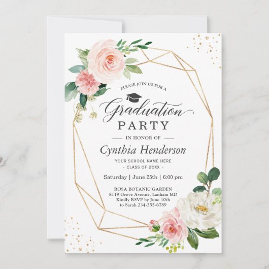 2025 Afstudeerfeest Girly Blush Roze Bloemen Kaart (Voorkant)