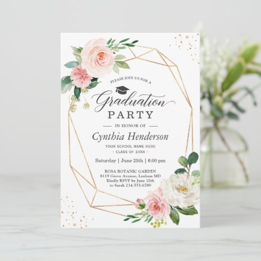 2025 Afstudeerfeest Girly Blush Roze Bloemen Kaart (Staand voorkant)