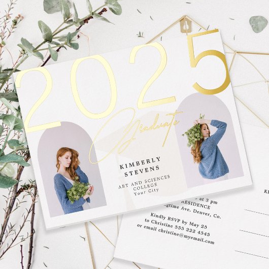 2025 Afstuderen 2 boogfoto's Afstudeerfeest Folie Uitnodiging Briefkaart