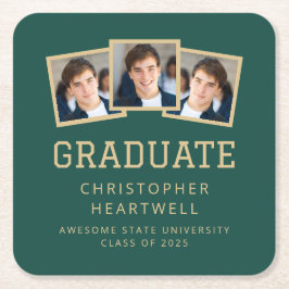 2025 Afstuderen 3-foto groen goud Kartonnen Onderzetters