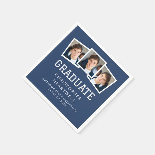 2025 Afstuderen 3-foto Navy Blauw Wit Servet (Hoek)