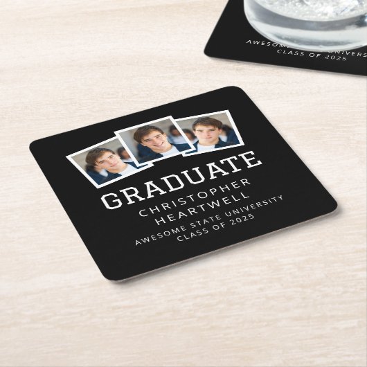 2025 Afstuderen 3-foto zwart-wit Kartonnen Onderzetters (Schuin)