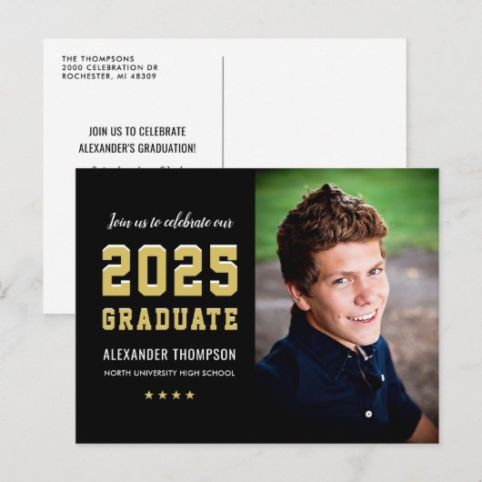 2025 Afstuderen Black Gold Graduation Party Foto Uitnodiging Briefkaart (Voorkant / Achterkant)