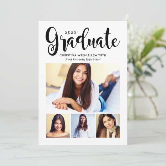 2025 Afstuderen Black Script Photo Collage Party Kaart (Staand voorkant)