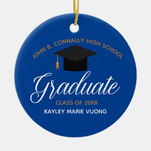 2025 Afstuderen Blue Gold Custom High School Naam Keramisch Ornament (Voorkant)