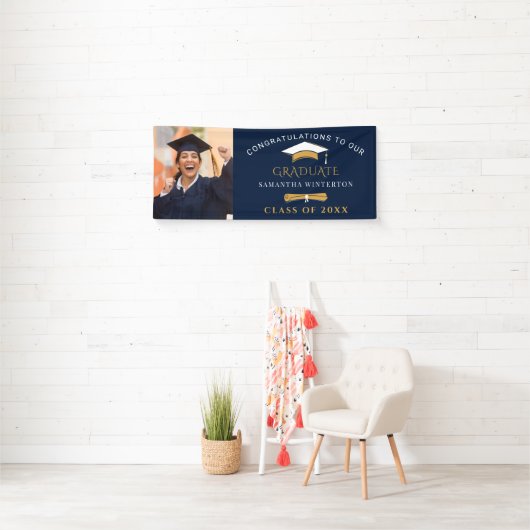 2025 Afstuderen Foto Navy Blue Gold Afstudeerder Spandoek (Insitu)