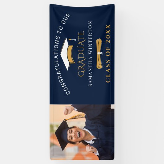 2025 Afstuderen Foto Navy Blue Gold Afstudeerder Spandoek (Verticaal)
