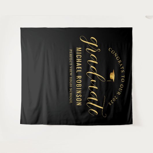 2025 Afstuderen Goud Zwart Afstudeerfeest Wandkleed (Voorkant (horizontaal))