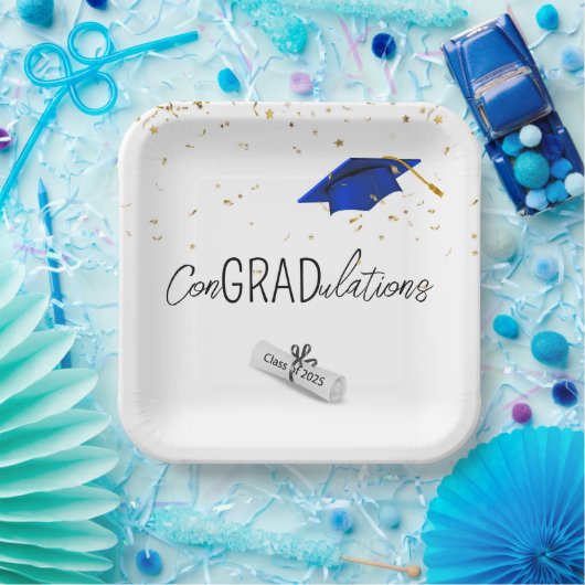 2025 Afstuderen gouden Confetti en blauw Pet Papieren Bordje (Feest)