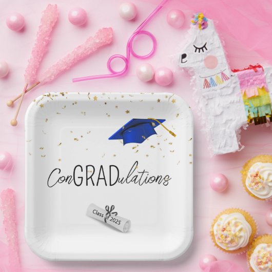 2025 Afstuderen gouden Confetti en blauw Pet Papieren Bordje (Feest)