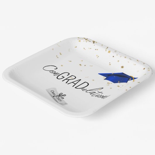 2025 Afstuderen gouden Confetti en blauw Pet Papieren Bordje (Gebogen)