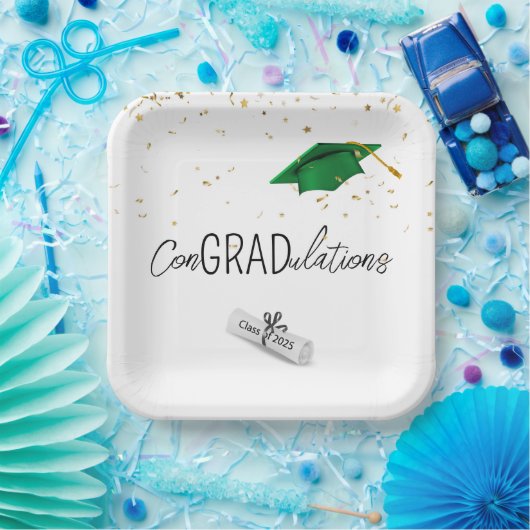 2025 Afstuderen gouden Confetti en groen Pet Papieren Bordje (Feest)