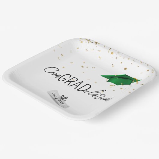 2025 Afstuderen gouden Confetti en groen Pet Papieren Bordje (Gebogen)