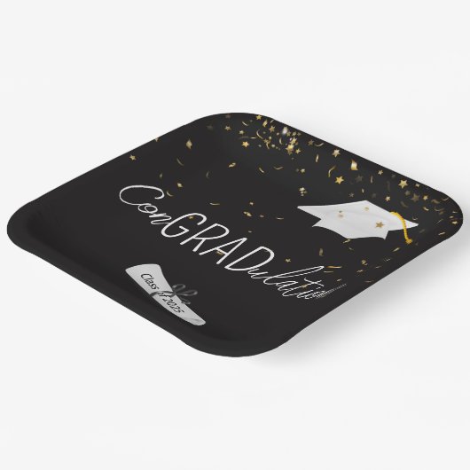 2025 Afstuderen Gouden Confetti en Pet Papieren Bordje (Gebogen)