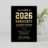 2025 Afstuderen Modern Black Gold Graduation Party Folie Uitnodiging (Staand Voorkant)
