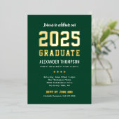 2025 Afstuderen Modern Green Gold Graduation Party Folie Uitnodiging (Staand Voorkant)